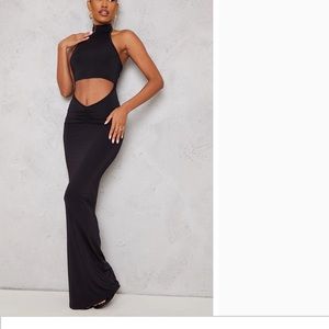 Prettylittlething Black High Neck Waist Cut Out Ruched Detail Maxi Dress